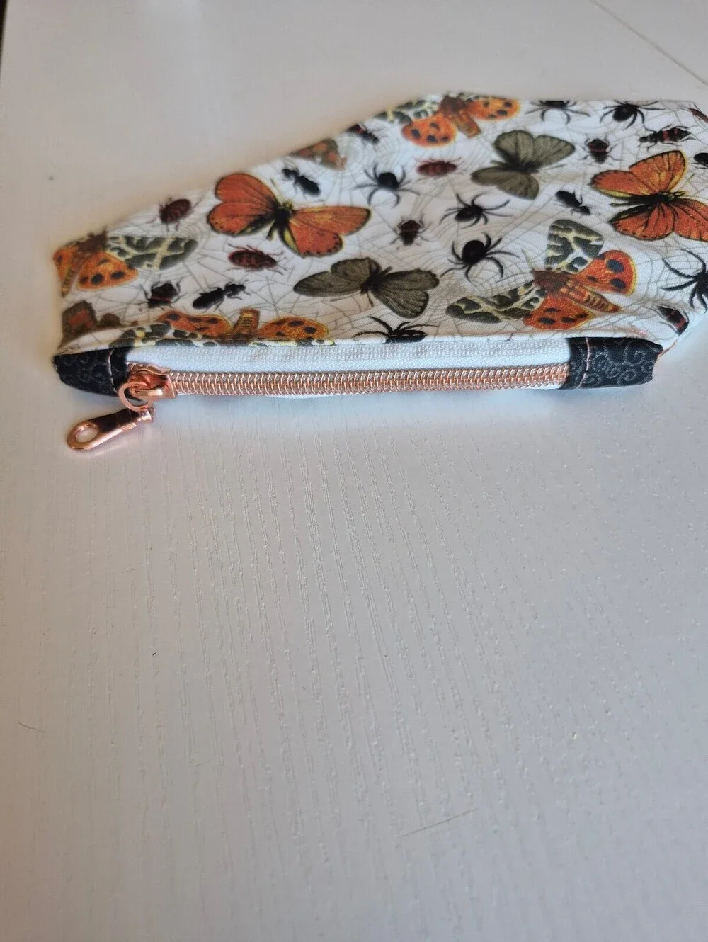coffin pouch w/ spiders, moths, and Bettles, caught in a web in creme backing